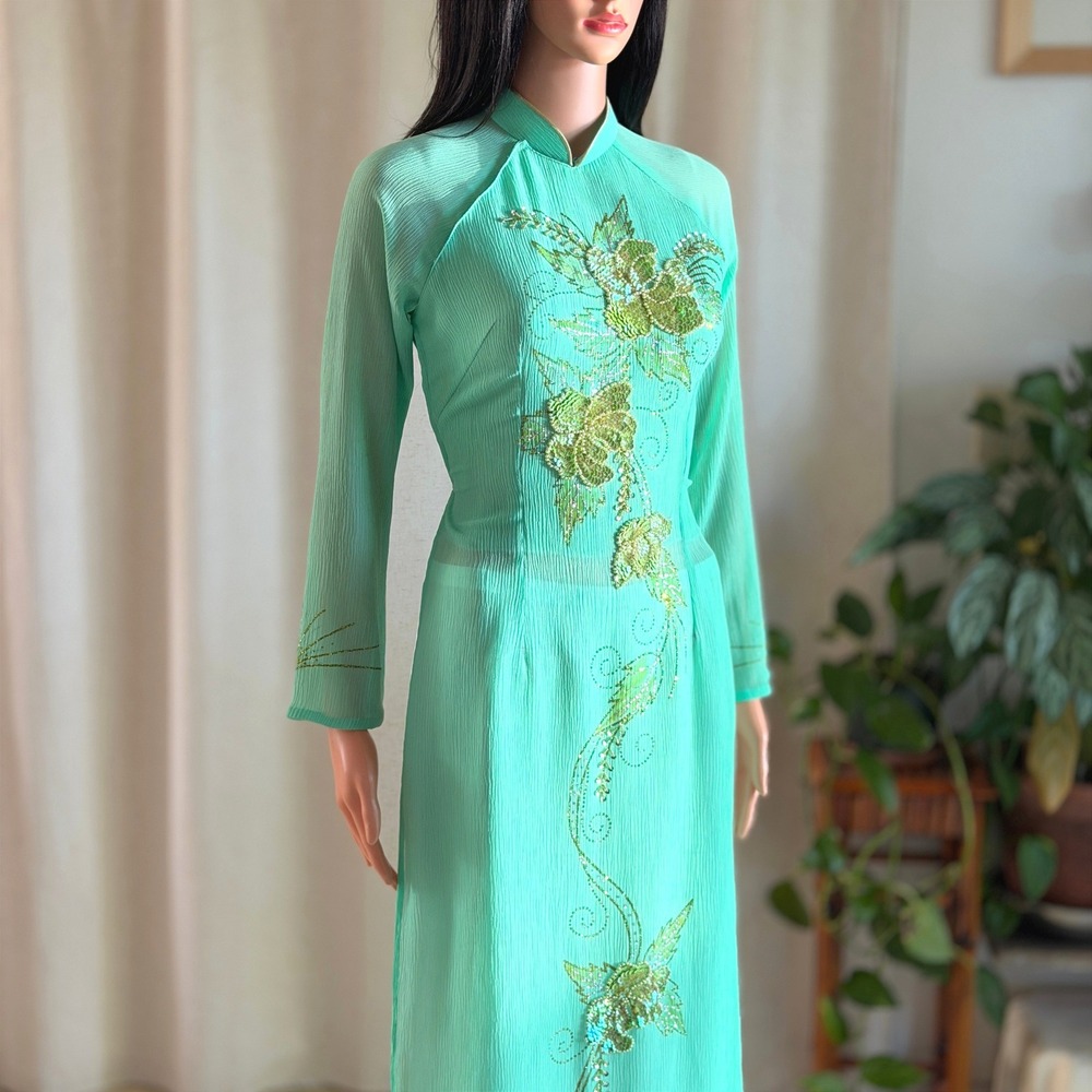 Ao Dai Trang Vietnamese Traditional Dress Set Mint Green Sequined Floral S Tet
